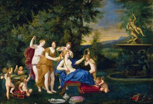 Venus bediend door nimfen en cupido